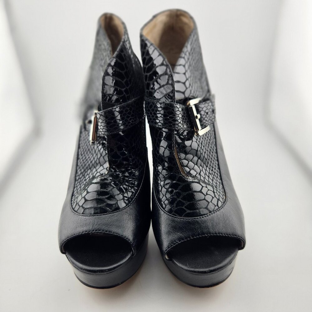 Michael Kors Embossed Leather Buckled Peep Toe Platform Booties – Size 8.5M